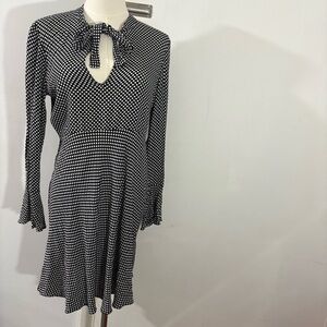 ZARA Black White Polka Dot Long Sleeve Dress Sz L Tie Knot Collar Ruffle Trim